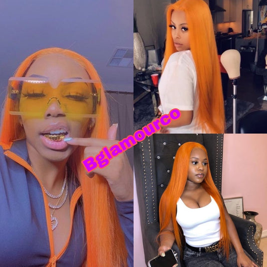 Orange Ginger Colored Lace Closure  Human Hair Wig Pre Plucked Brazillian Straight Lace Wigs  150% Remy Hair 4x4 lace closure